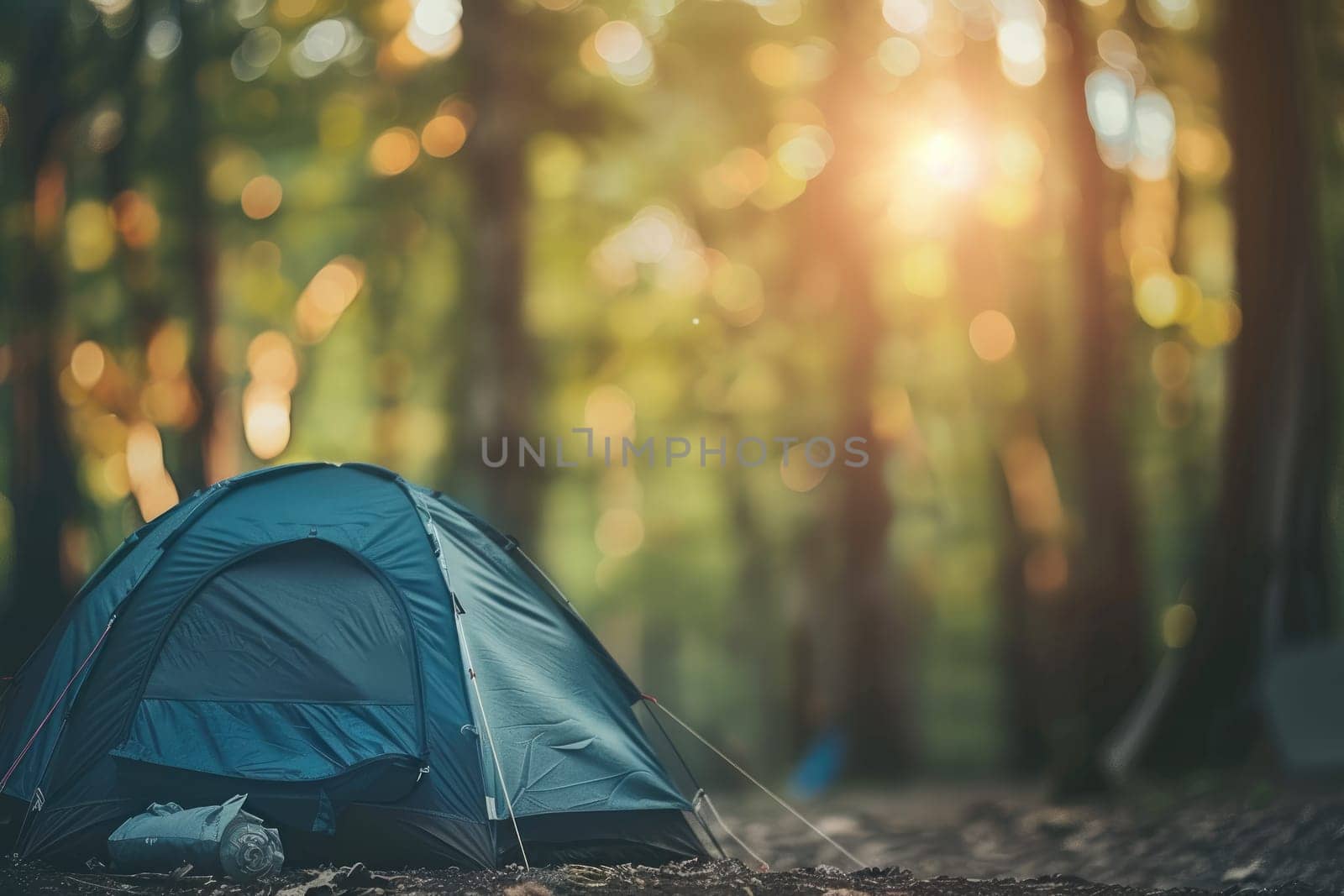 Camping background with blurred forest background and tent, Generative AI.