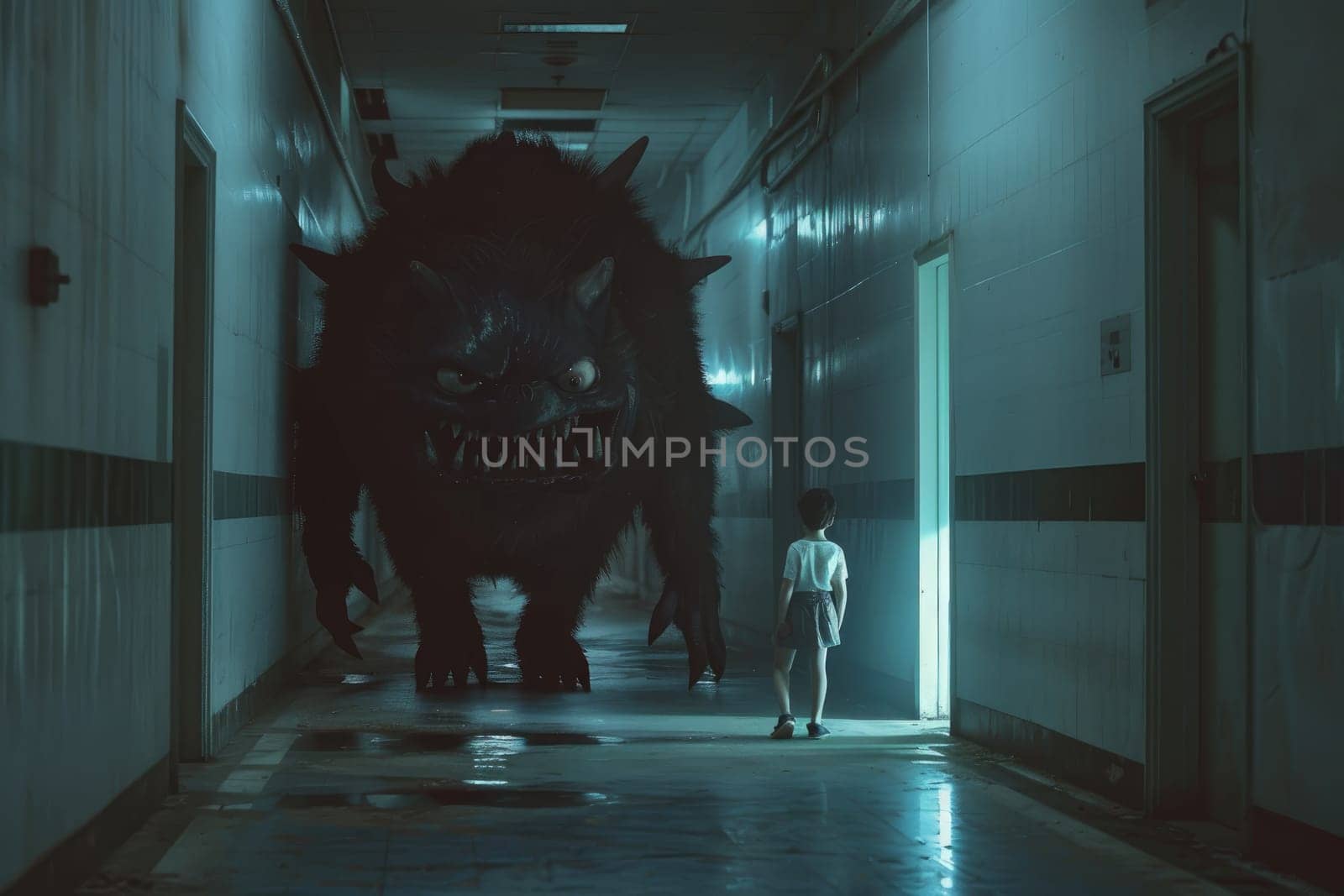 Child nightmare, A child standing near a scary monster in hallway, Generative AI by nijieimu