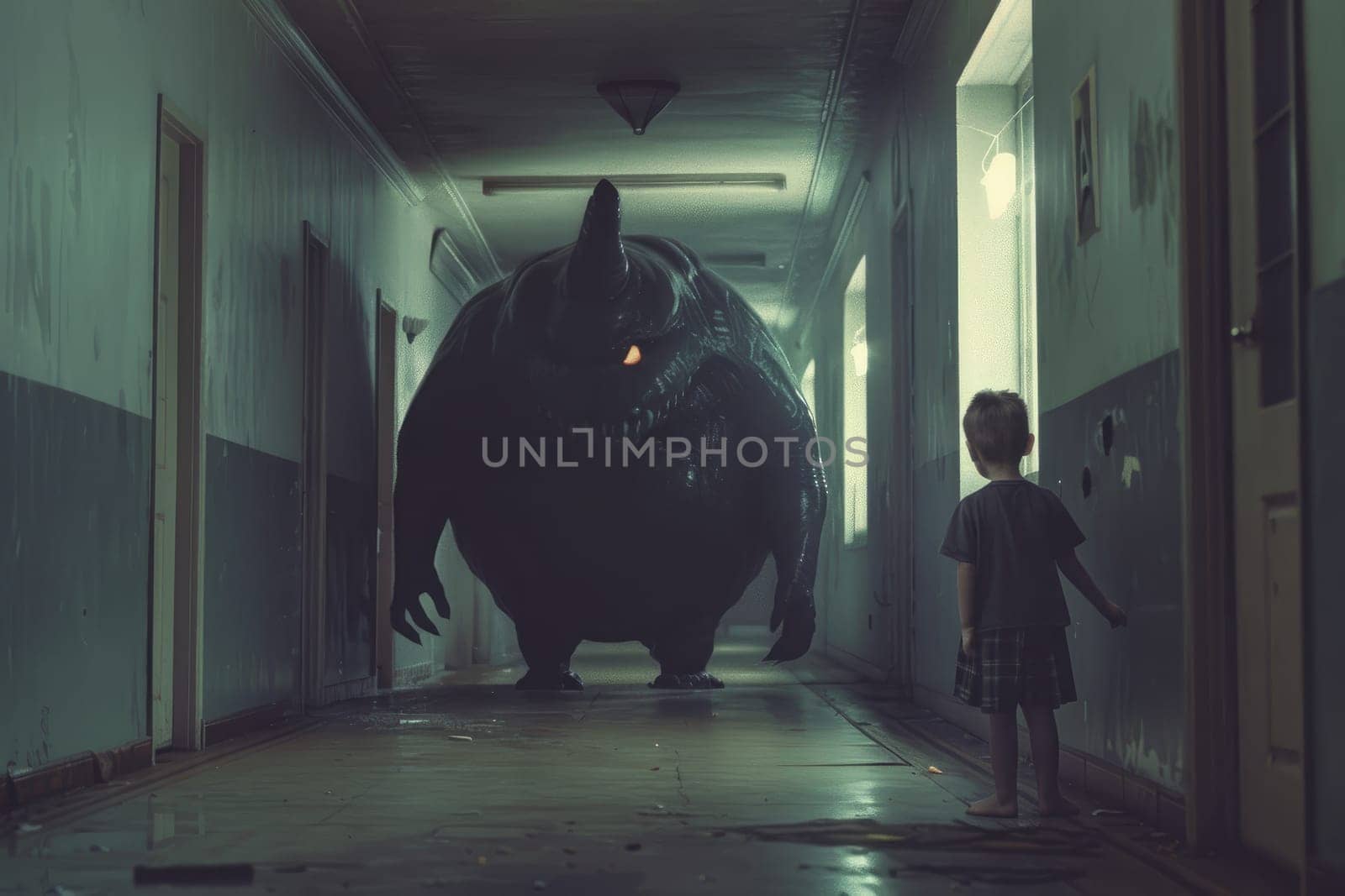 Child nightmare, A child standing near a scary monster in hallway, Generative AI by nijieimu