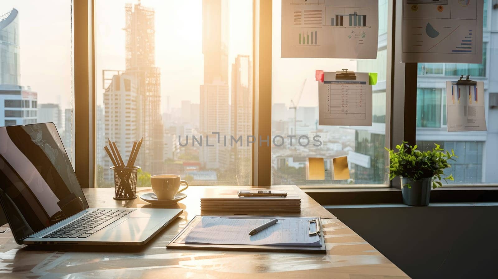 Workplace with laptop comfortable work table in office windows and city view, Generative AI.