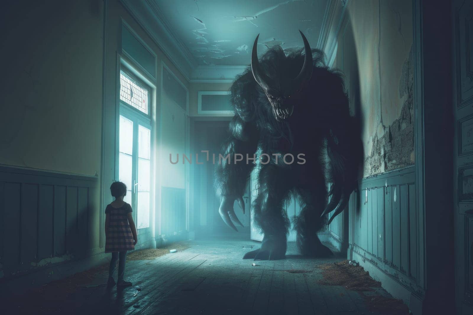 Child nightmare, A child standing near a scary monster in hallway, Generative AI.