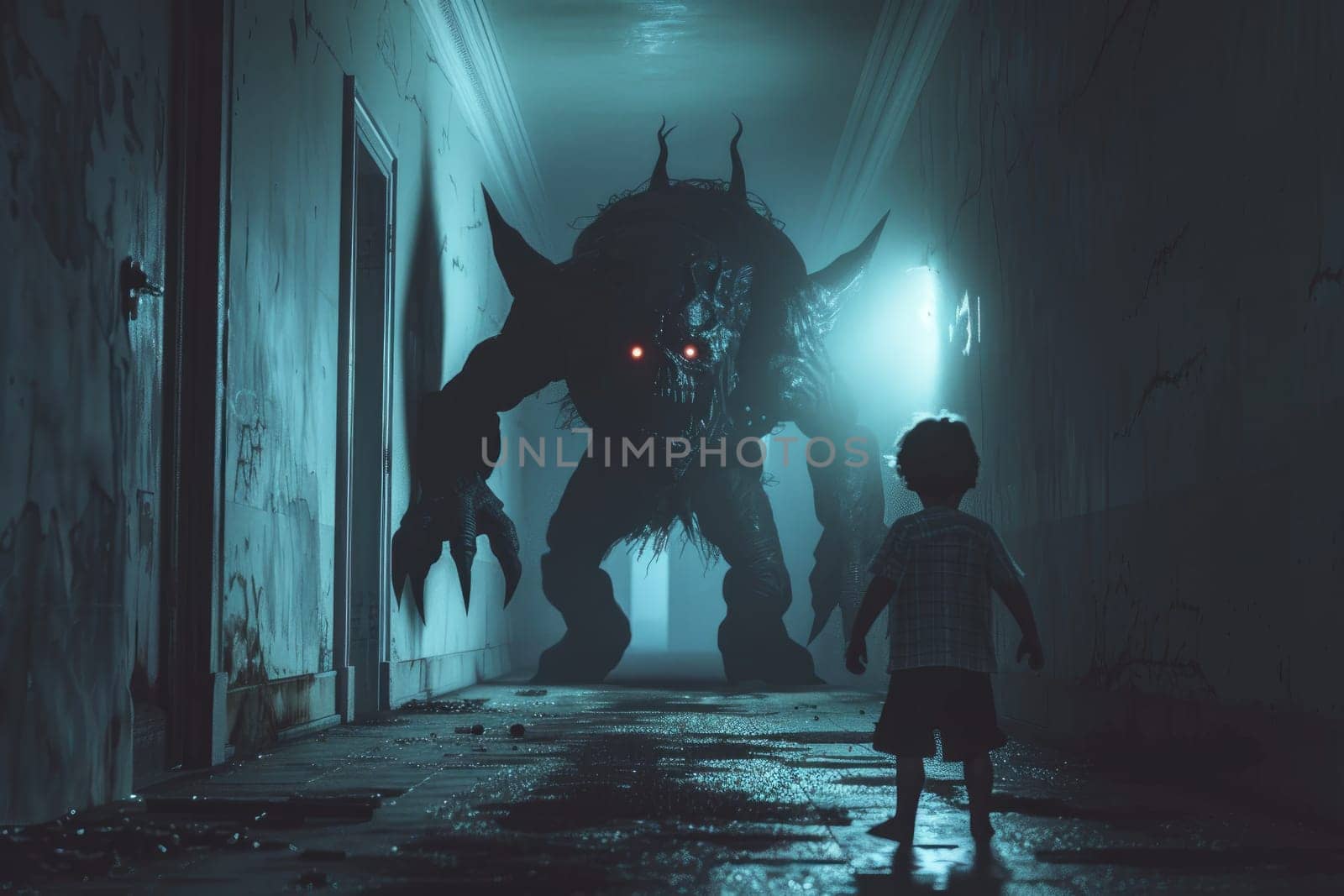 Child nightmare, A child standing near a scary monster in hallway, Generative AI by nijieimu