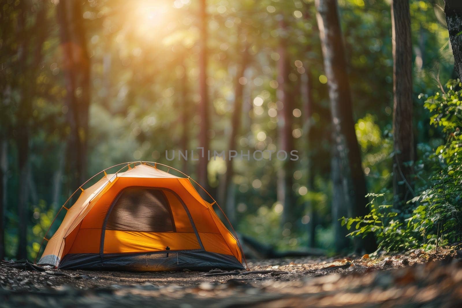 Camping background with blurred forest background and tent, Generative AI by nijieimu