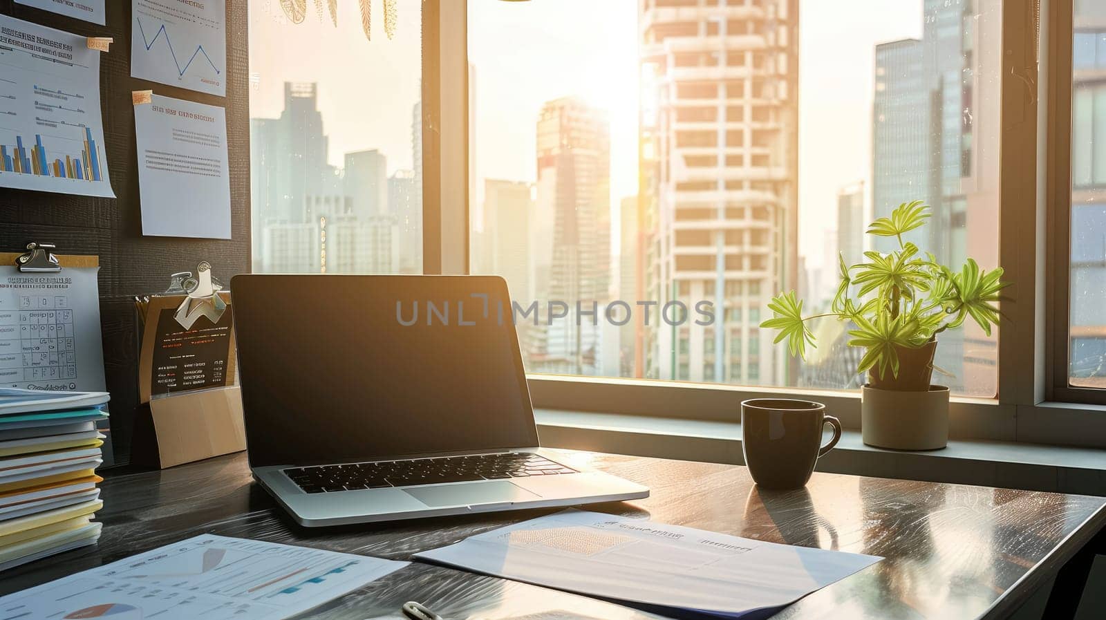 Workplace with laptop comfortable work table in office windows and city view, Generative AI.