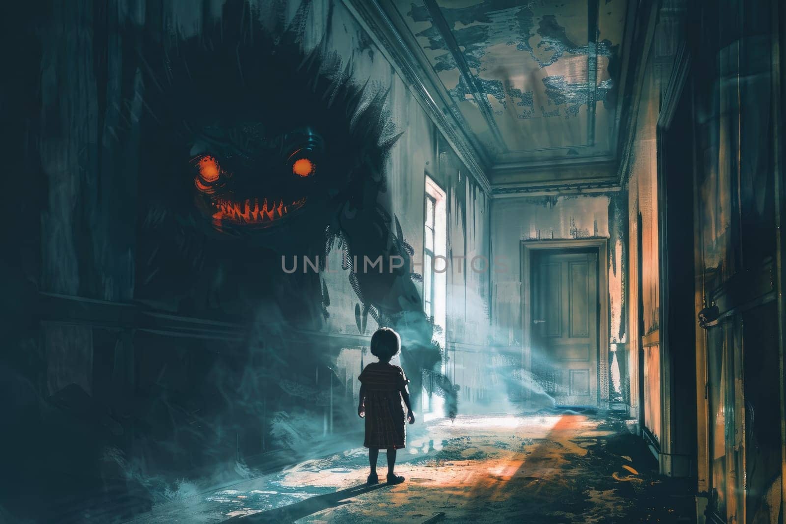 Child nightmare, A child standing near a scary monster in hallway, Generative AI.