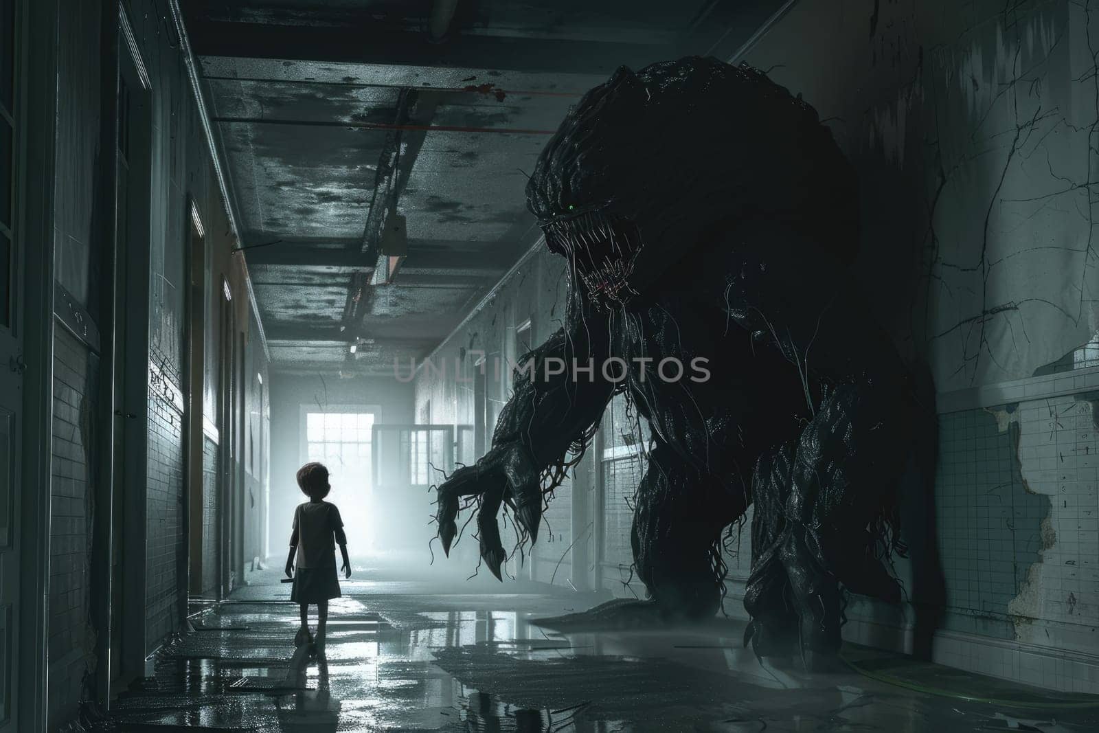 Child nightmare, A child standing near a scary monster in hallway, Generative AI.