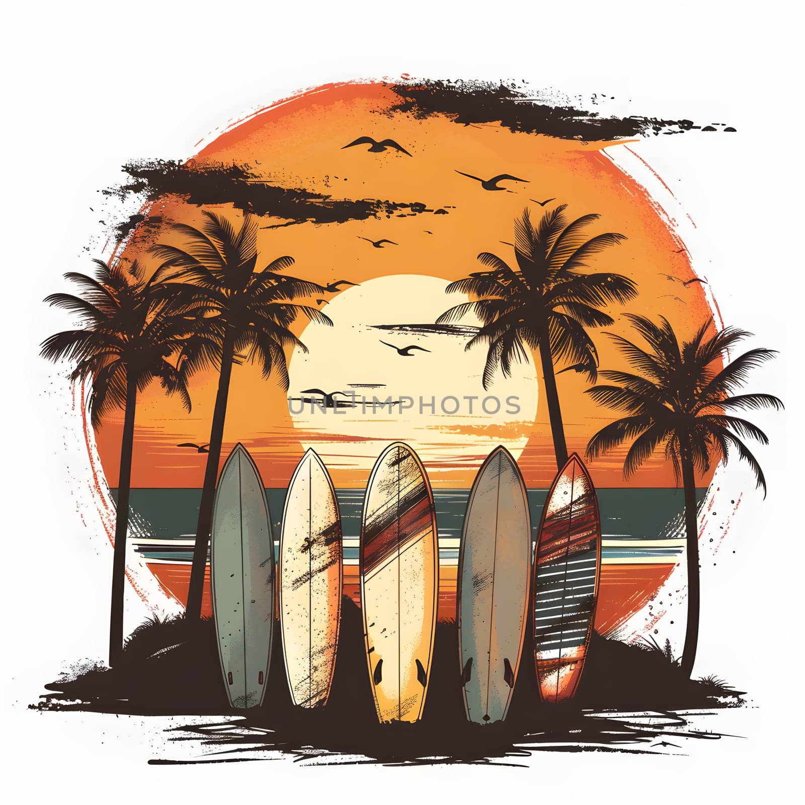 Artistic landscape featuring palm trees, surfboards, and a sunset by Nadtochiy