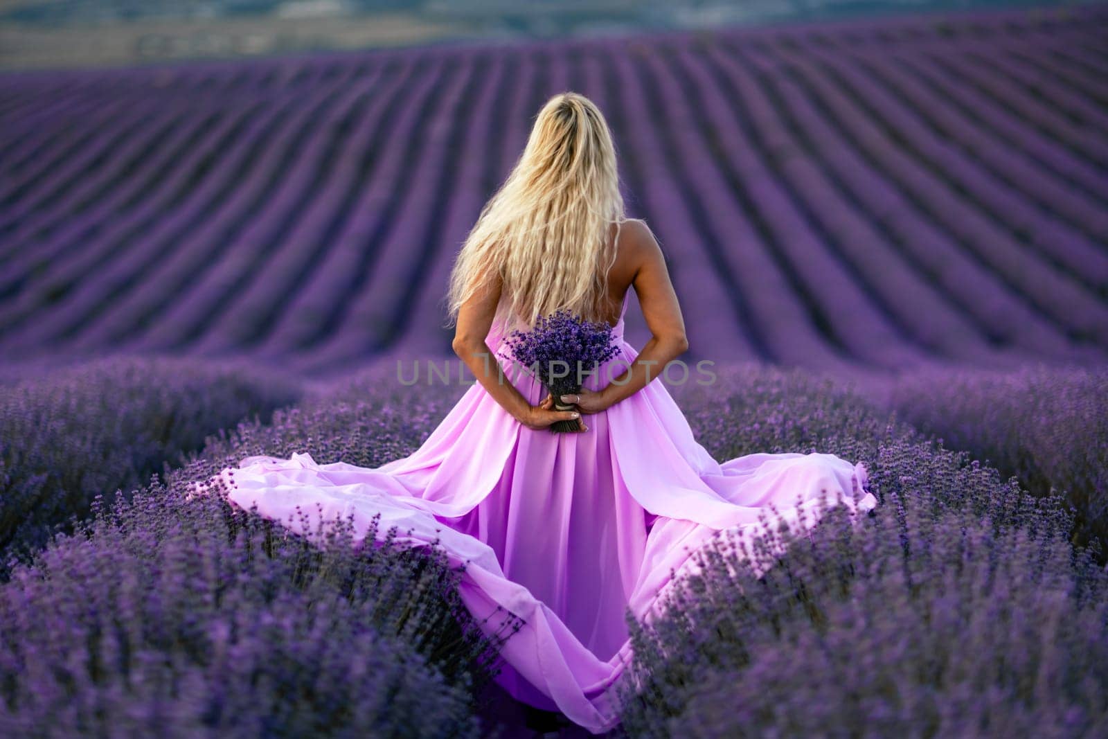 Back view woman lavender sunset. Happy woman in pink dress holds lavender bouquet. Aromatherapy concept, lavender oil, photo session in lavender.