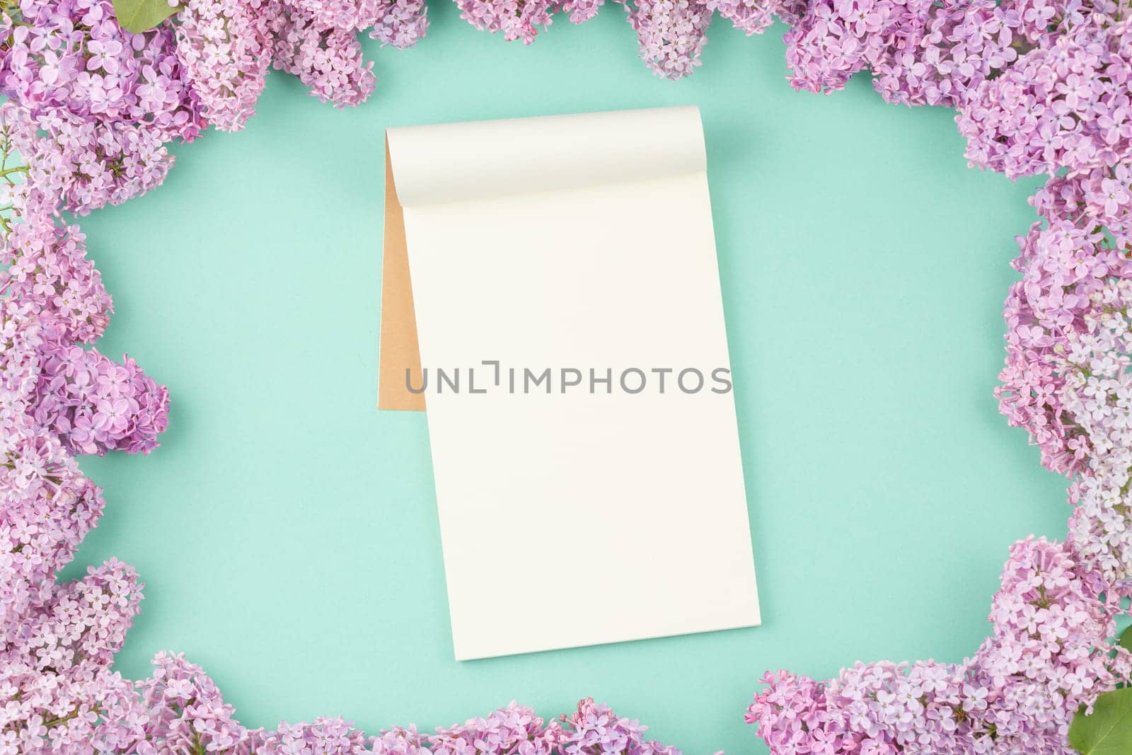 Open notebook with flowers on isolated cyan background. Open craft album. Top view.
