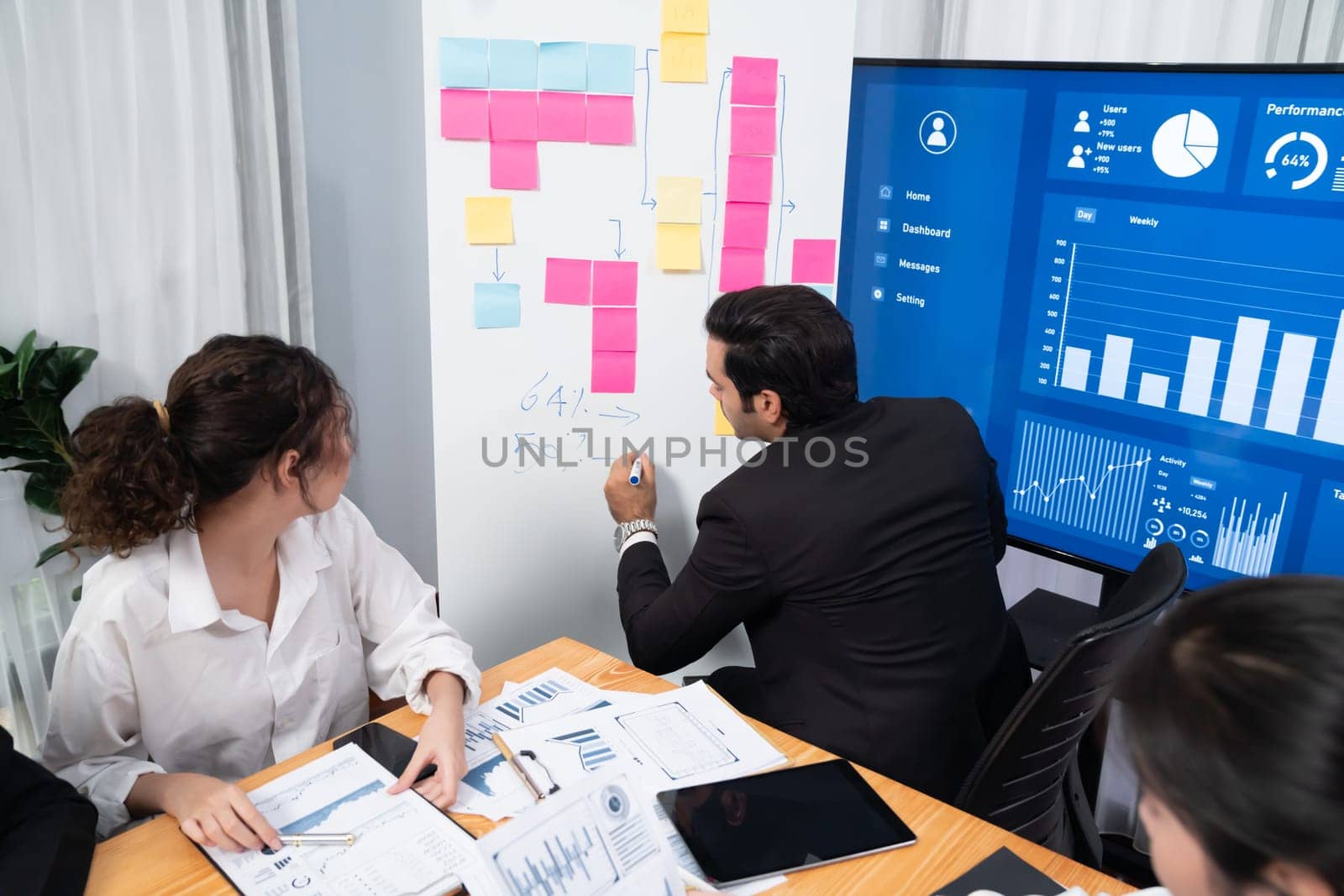 Diverse group of business analyst team analyzing financial data report. Finance data analysis chart and graph dashboard show on TV screen in meeting room for strategic marketing planning. Habiliment