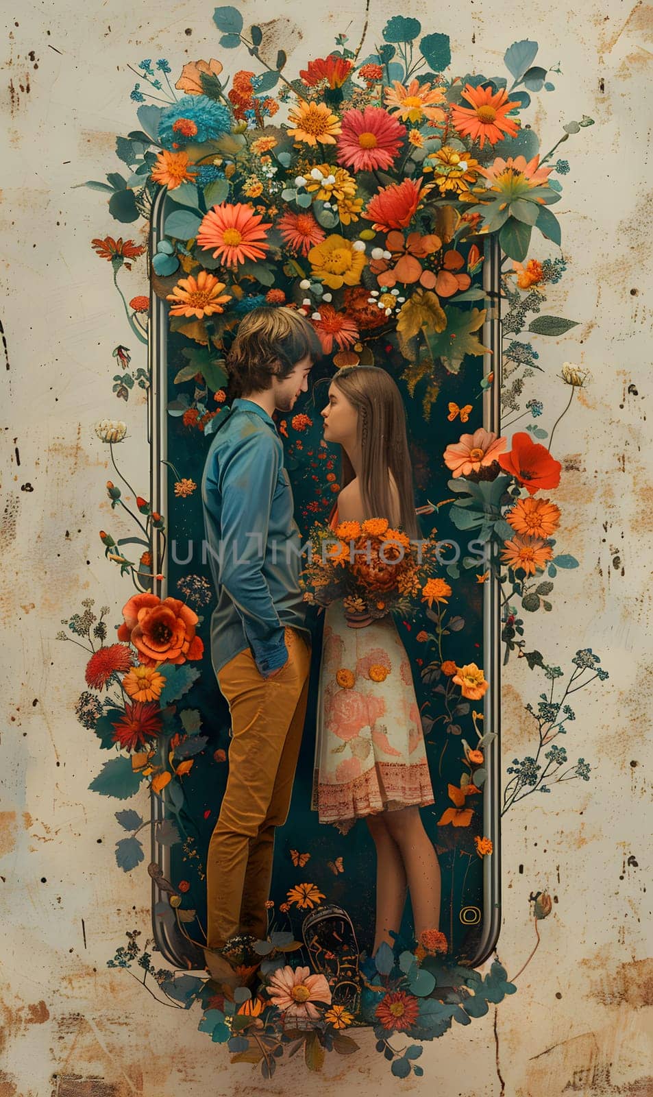 A man and a woman are admiring a beautiful bouquet of flowers surrounded by a garden filled with vibrant blooms. They are immersed in the beauty of nature and artistic expression