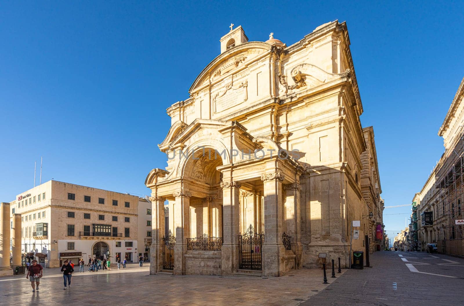 Valletta, Malta, April 03, 2024. Exterior view of the Church of St. Catherine of Alexandria in the city center