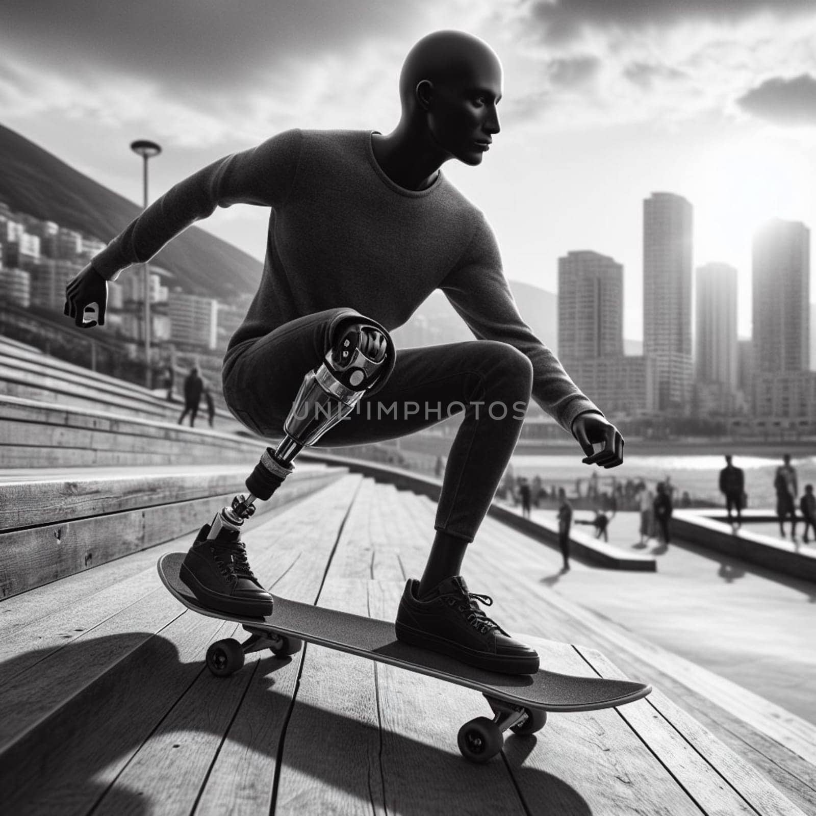 A man with a prosthetic leg is skateboarding down a sidewalk at sunset in a city setting by verbano