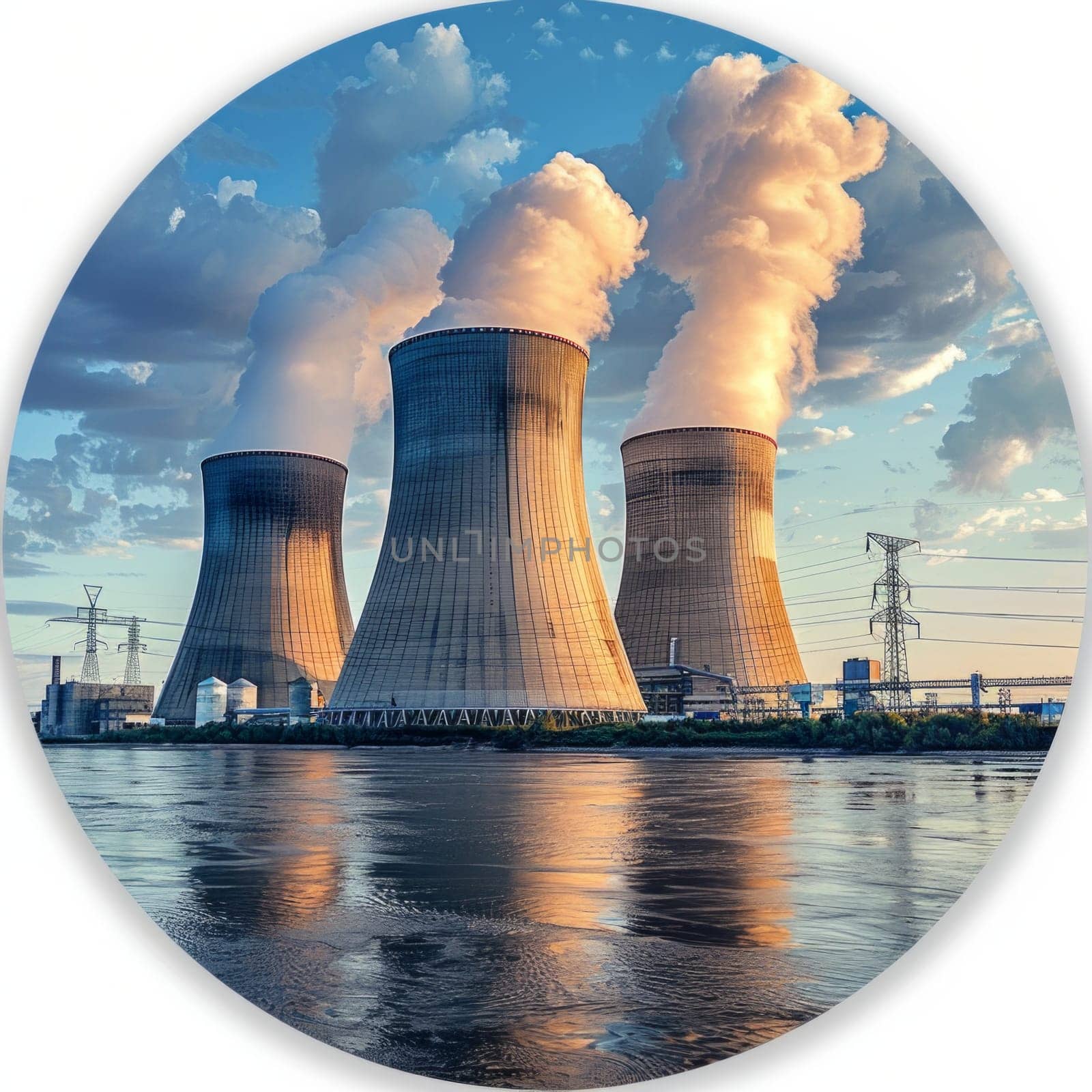 Circled photo of three large power plants are spewing smoke into the air isolated on white background.