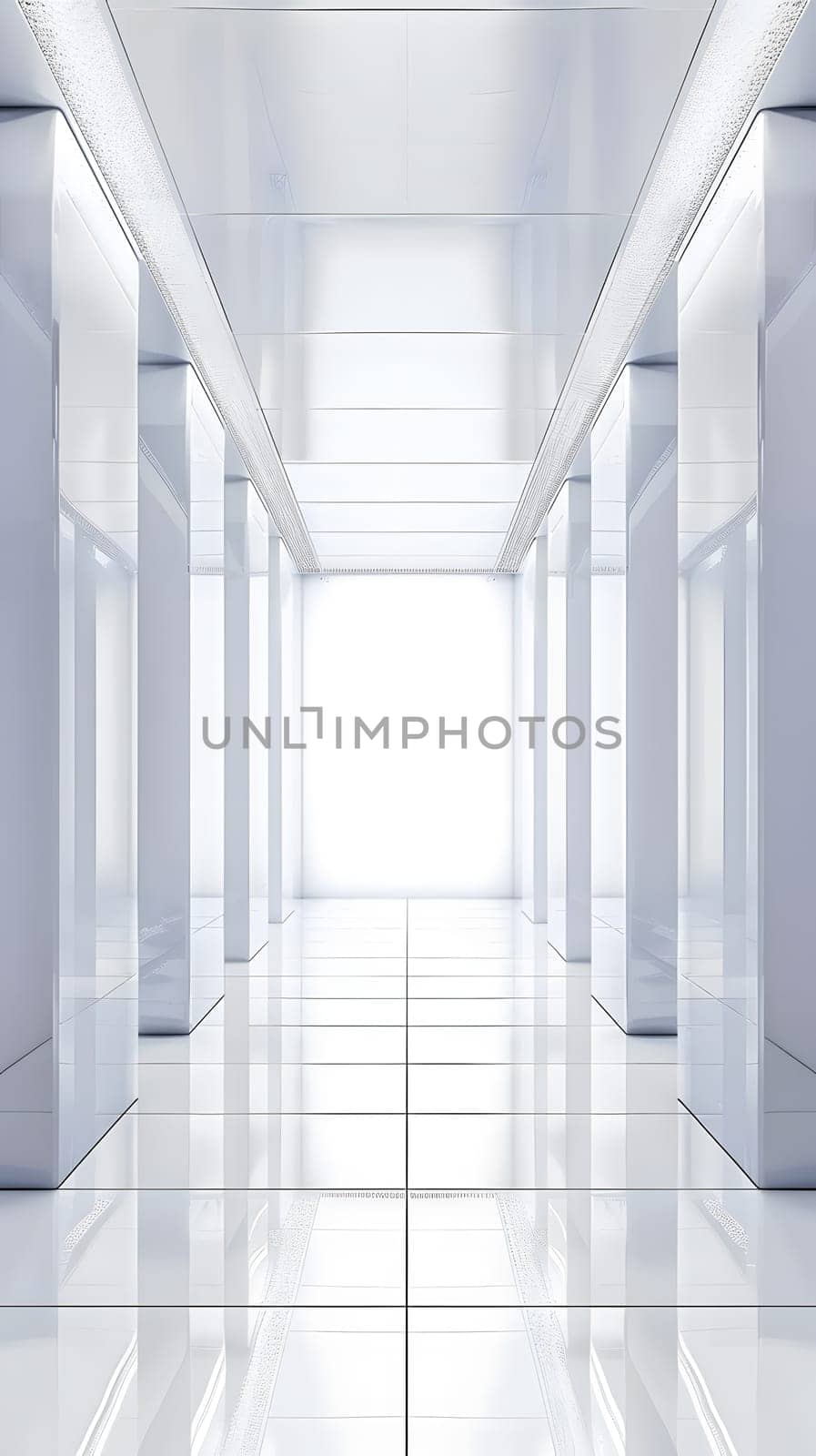 An empty hallway in a building with columns and a white tiled floor, creating a sense of symmetry and elegance with a fixture of grey rectangular flooring