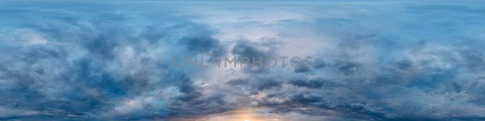 Dramatic overcast sky panorama with dark gloomy Cumulonimbus clouds. HDR 360 seamless spherical panorama. Sky dome in 3D, sky replacement for aerial drone panoramas. Weather and climate change