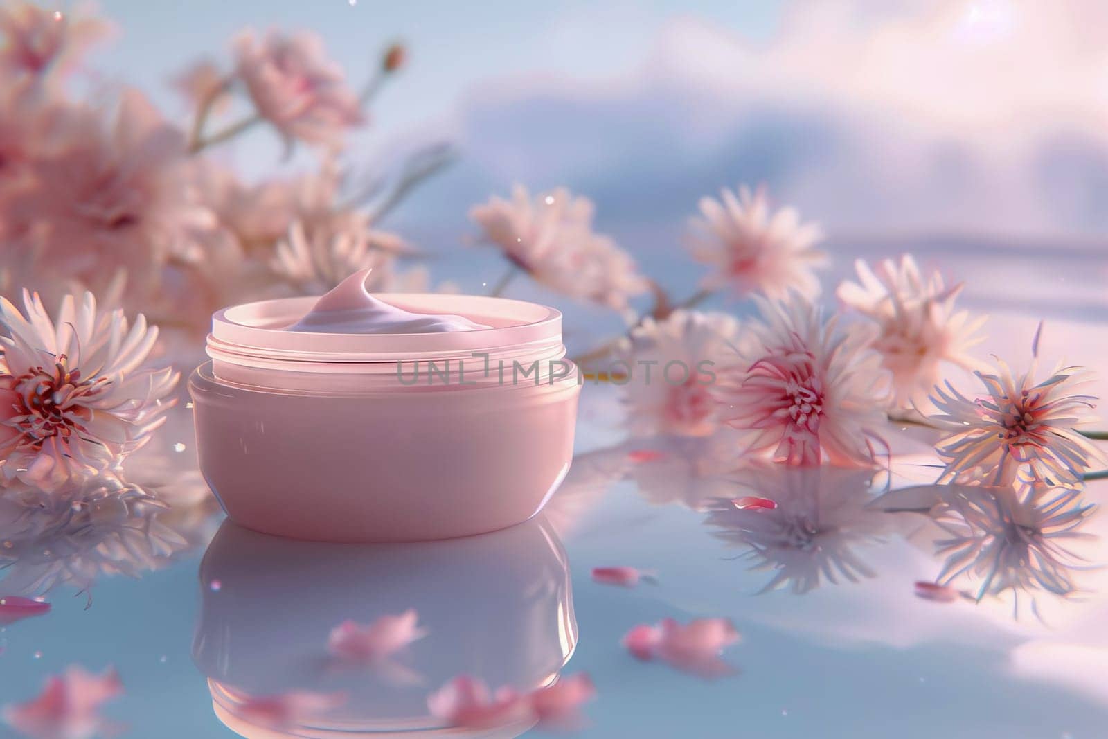 A jar of moisturizing cream for the face or body on a background with natural ingredients.