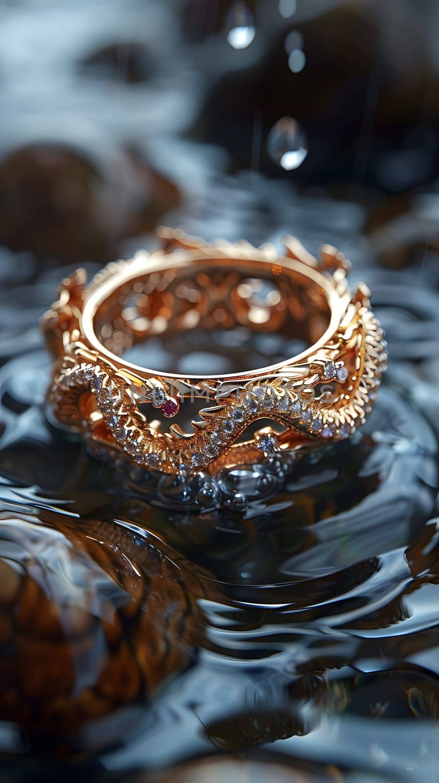 A gold ring is slowly sinking in the liquid, creating ripples on the surface of the water as it descends deeper into the fluid