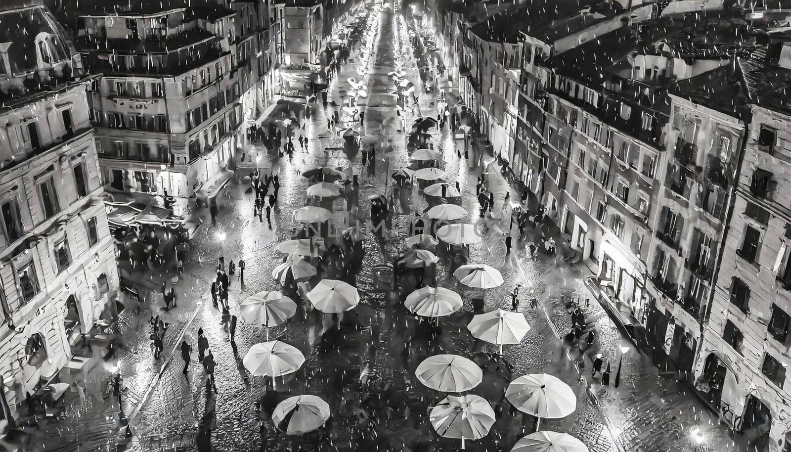 A black and white photo of a city street with many umbrellas and people by verbano