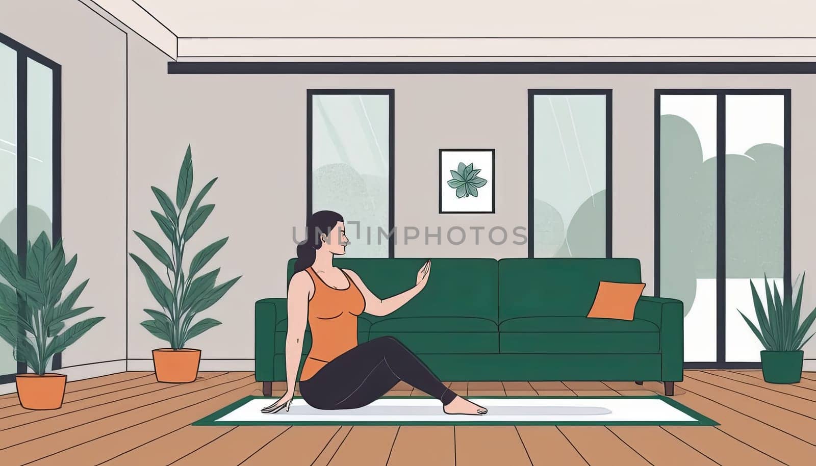 Woman, yoga practice near sofa, leggings and top attire. Bright room, large window, floor-standing flower