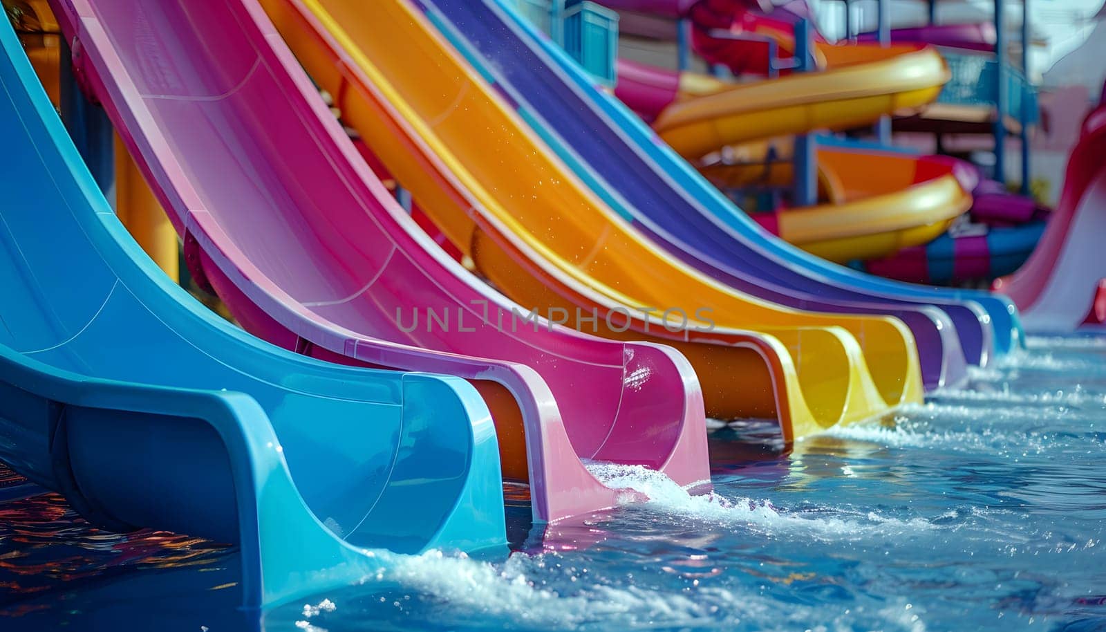 Experience the thrill of sliding down a row of colorful water chutes at the water park with liquid fun in shades of magenta and electric blue, its a leisurely recreation event to remember