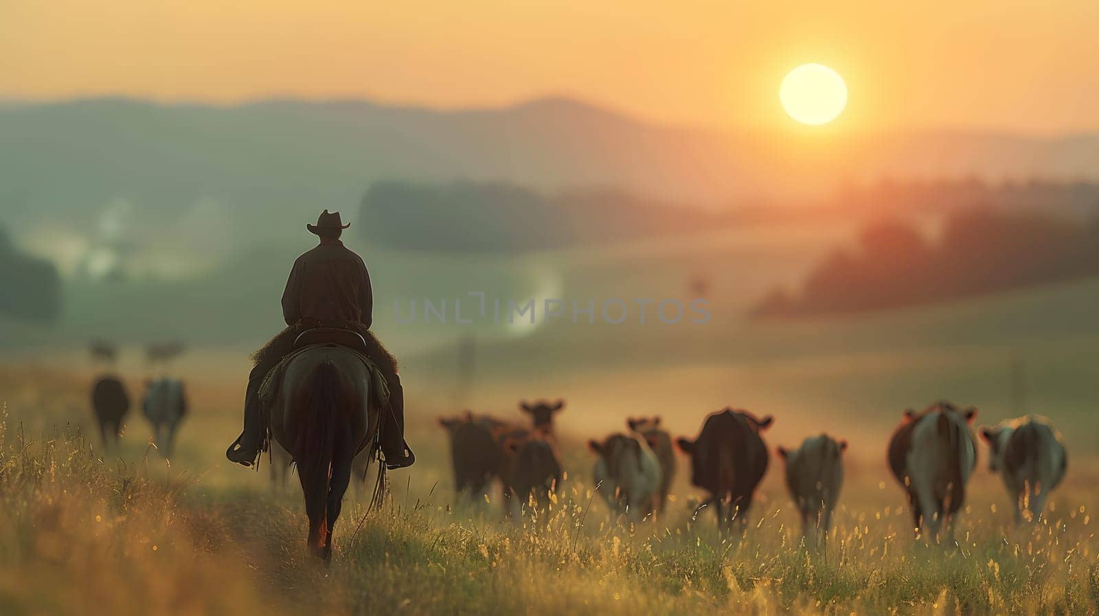 A man on a horse rides in a field with cows under the morning sky by Nadtochiy
