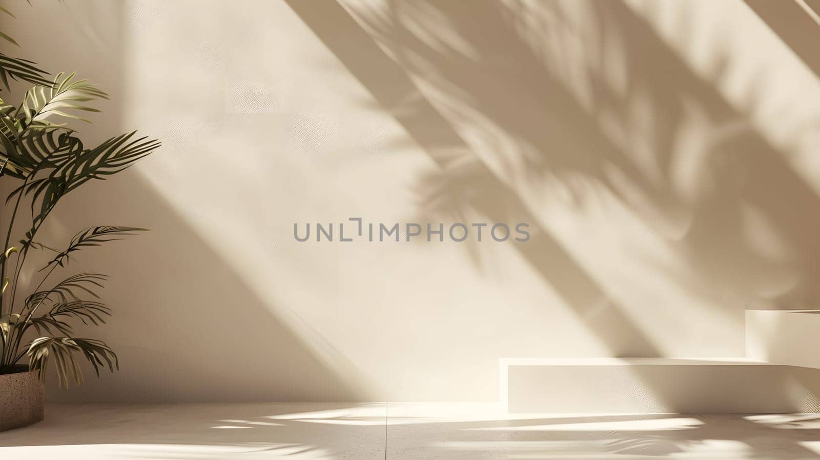 A potted plant sits against a wall with a shadow of a palm tree, overlooking a serene landscape with grass, water feature, and shades of green