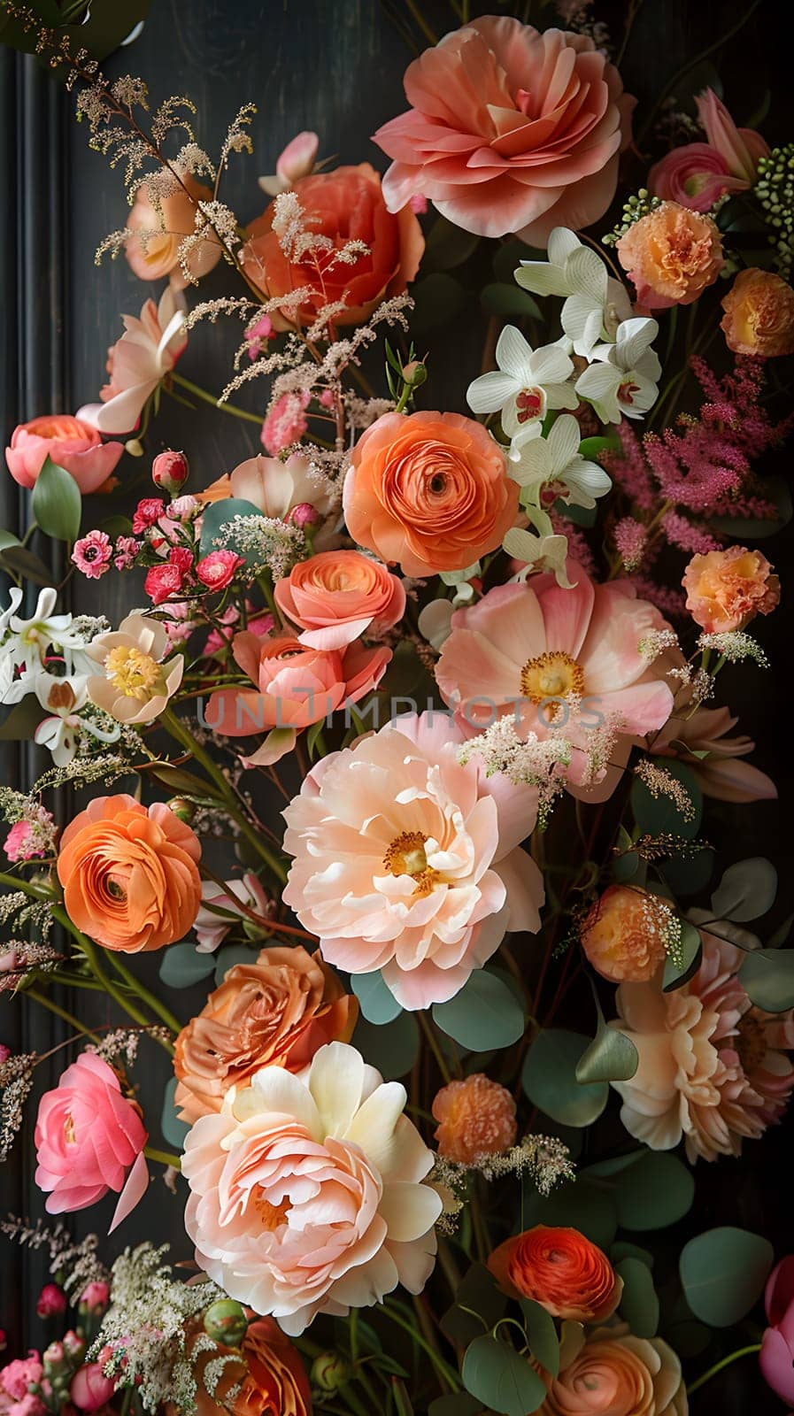 The picture showcases a variety of flowers including hybrid tea roses, garden roses, and pink bouquets. It is a beautiful display of creative arts and flower arranging