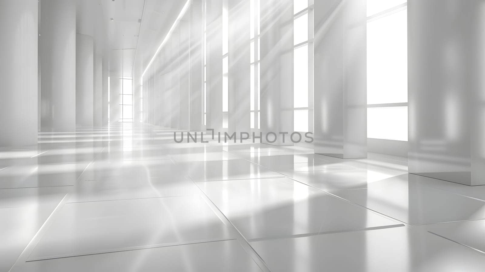 A blackandwhite building with a grey flooring, symmetrical windows letting in natural light, and wood accents in an empty white room with a shiny floor