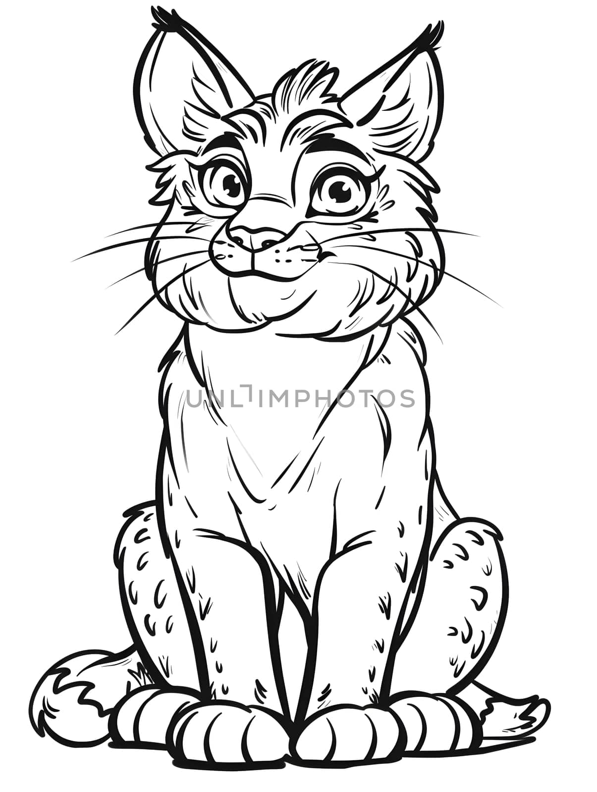 a black and white drawing of a lynx sitting down and smiling by Nadtochiy