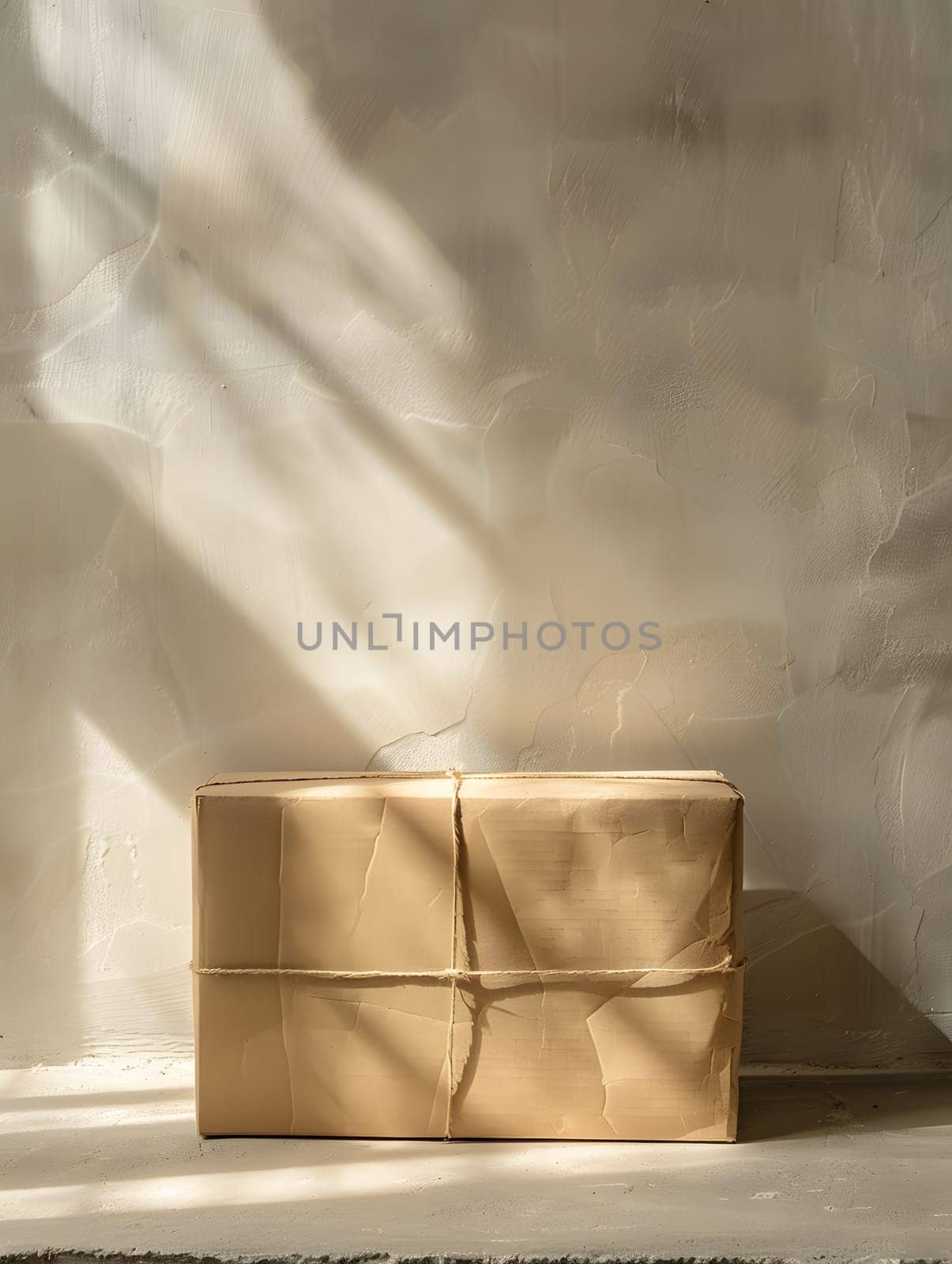 A rectangular brown box wrapped in brown paper is resting on a hardwood table. The room features various shades of wood, glass furniture, a cozy couch, and linens