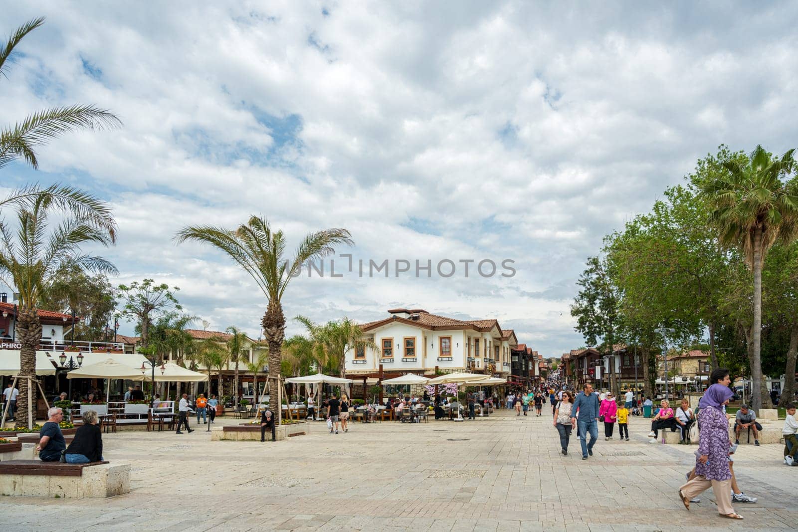 Side, Manavgat, Turkey – April 9, 2024: The city square of the town of Side, which contains an ancient city, in the Manavgat district of Antalya