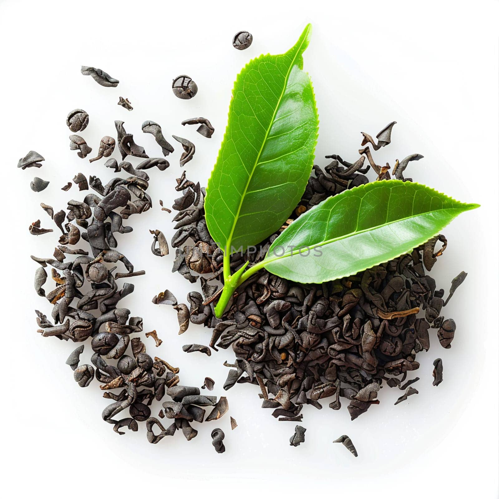 Top view of black tea leaves and vibrant green leaf isolated on white background, concept of natural beverages