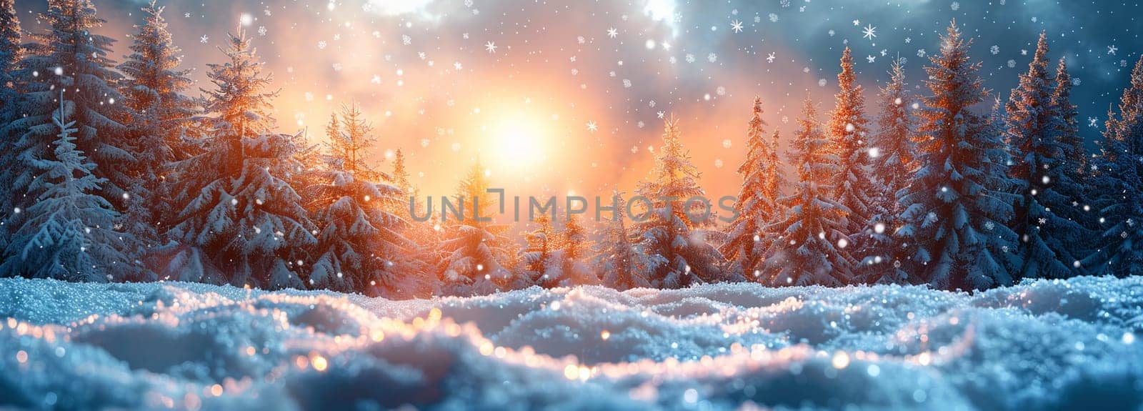 Tranquil winter forest scene with sunlight breaking through snow-covered pine trees, evoking serenity and natural beauty in pristine wilderness.