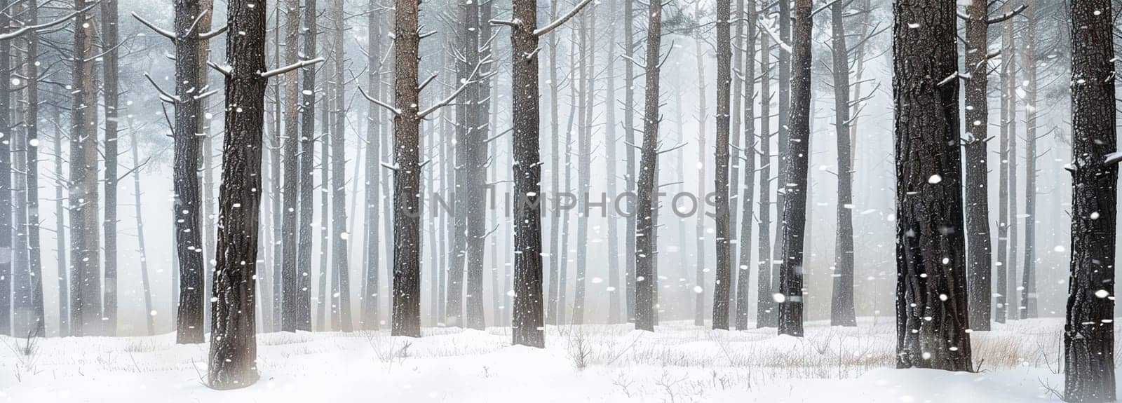 Serene winter forest landscape falling snowflakes. Panoramic natural background by Yevhen89
