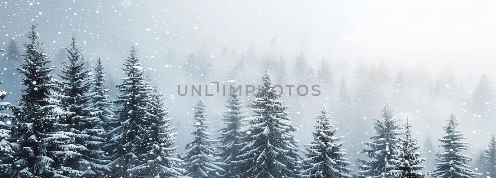 Serene winter landscape with snow-covered trees falling snowflakes. Panoramic nature background by Yevhen89