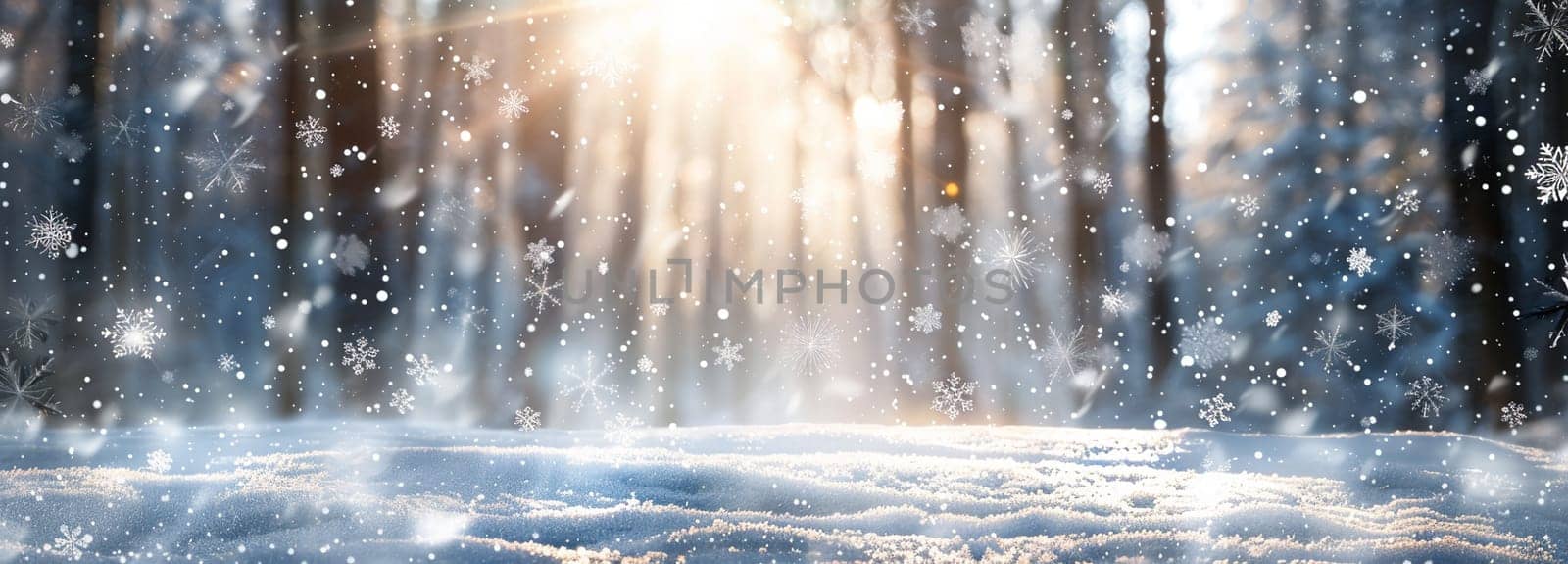 Enchanting landscape with sun rays filtering through winter forest, highlighting snowflakes and serene snow-covered ground.