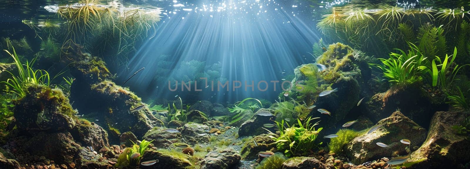 Stunning underwater scene with sunlight beaming through water onto green plants and small fish in freshwater habitat.