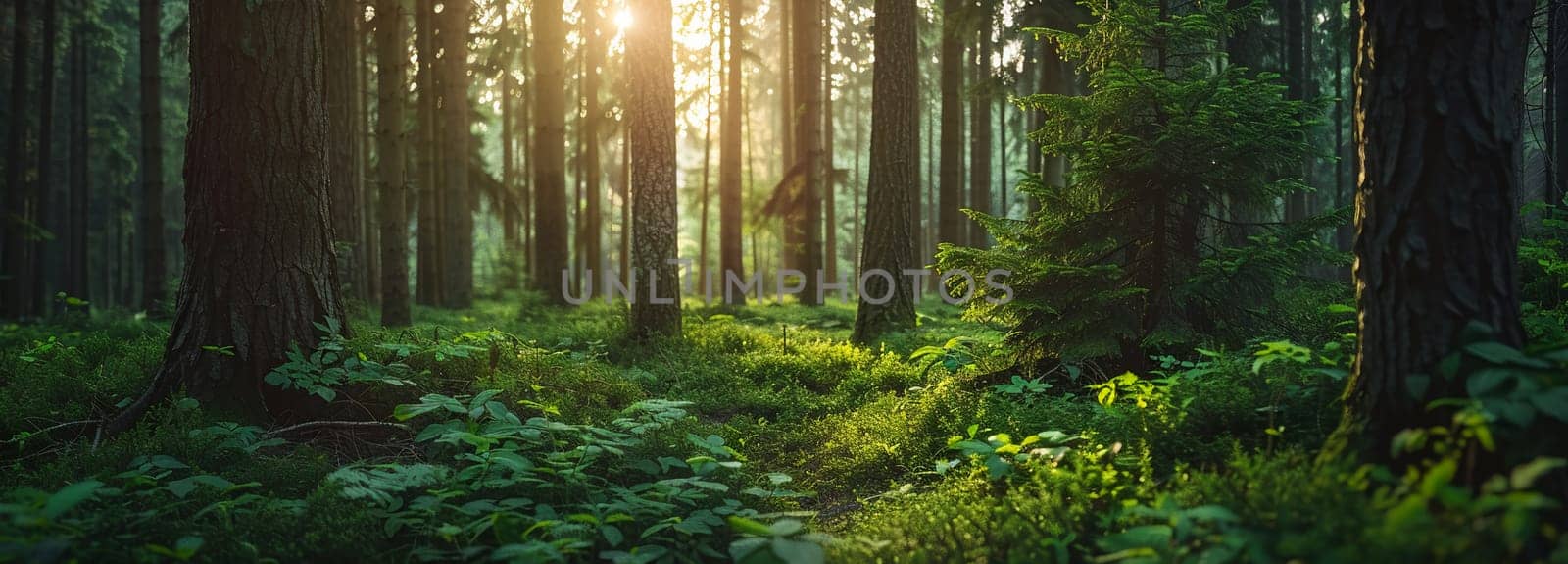 Green summer forest landscape sunbeams trees. Nature background panoramic by Yevhen89