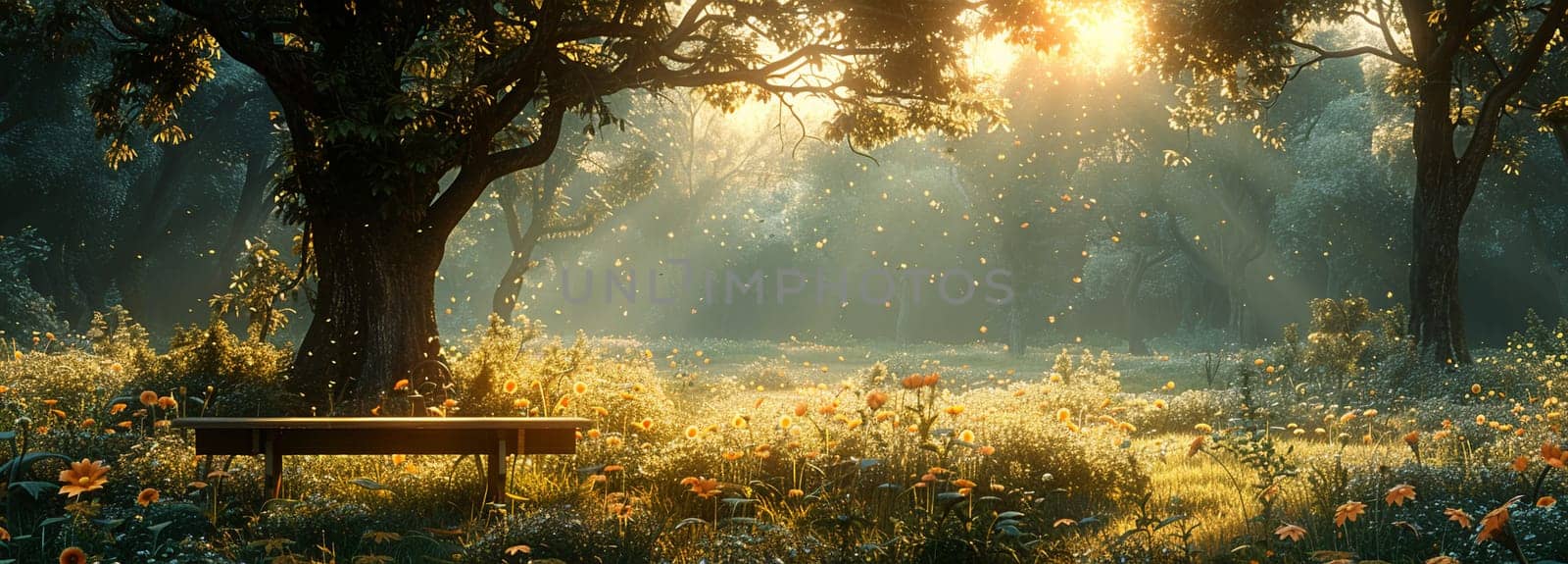 Idyllic forest scene featuring lush greenery, wildflowers, and warm sunlight filtering through trees, evoking tranquility and natural beauty.