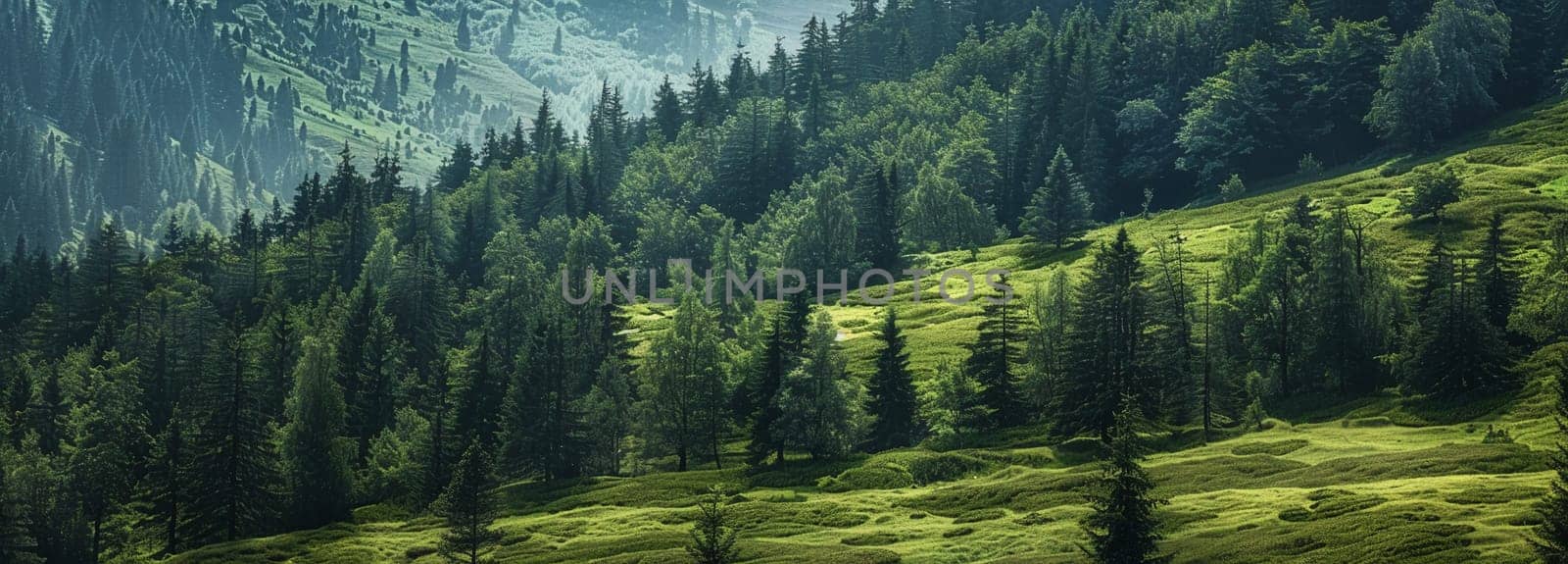 Vibrant green summer forest landscape bathed in sunlight, depicting tranquility and natural beauty for serene nature backdrops and graphic design.
