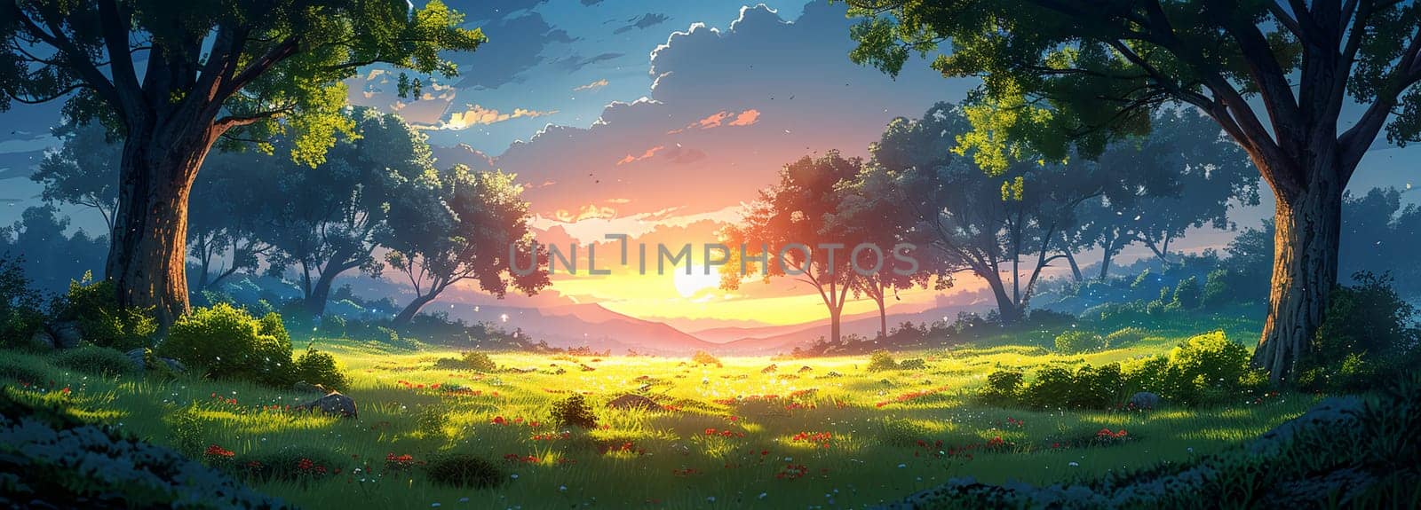 Captivating view of serene forest landscape in summer at sunset with bright sunlight piercing through trees, highlighting nature's beauty.