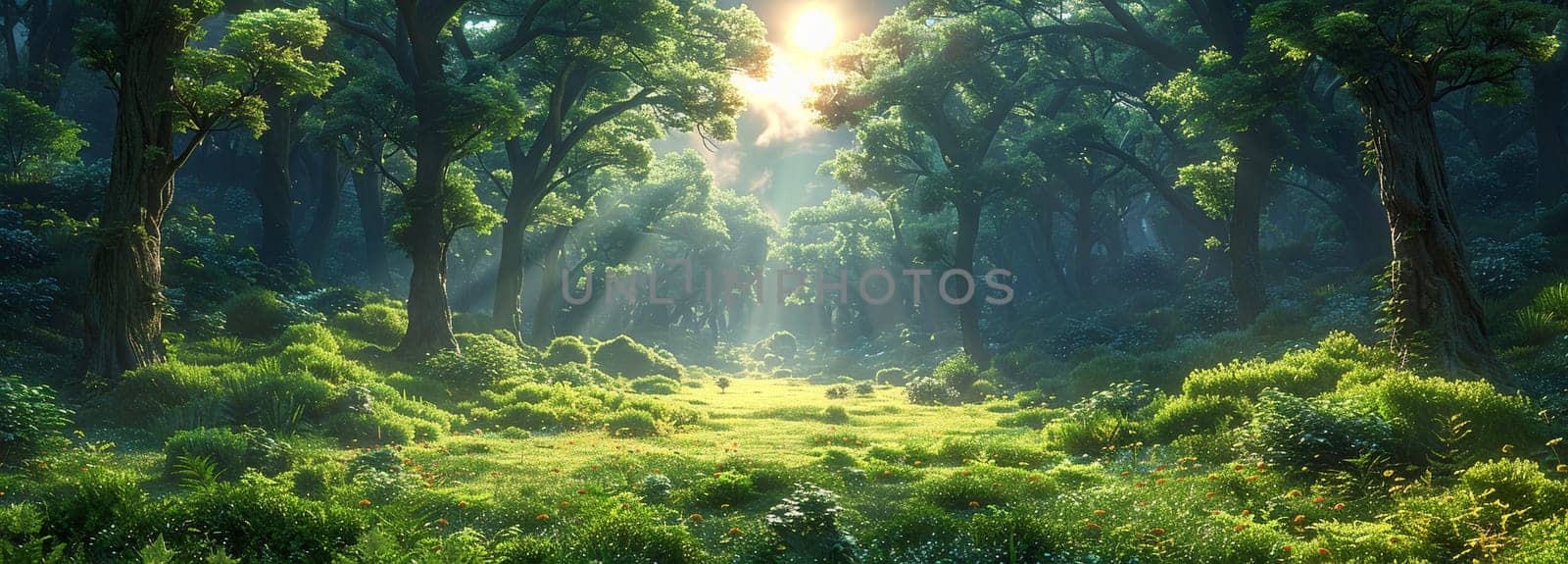 Serene green forest landscape bathed in summer sunlight with vibrant foliage and shadows creating tranquil scenery for graphic design.