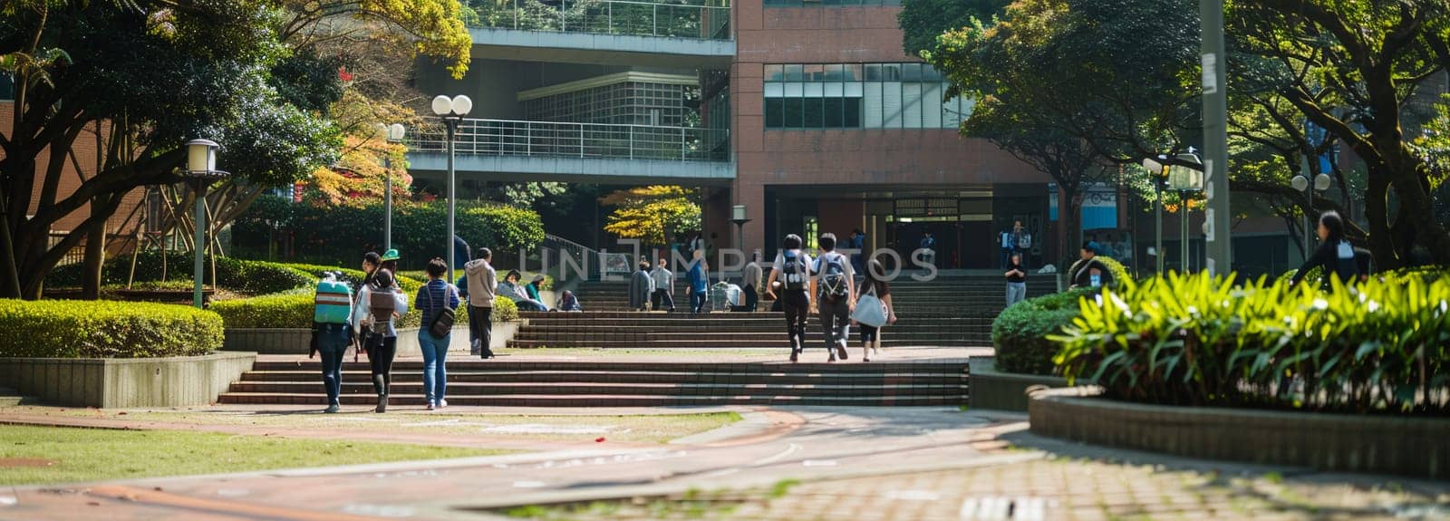 Busy college students walking through campus outdoors, surrounded by lush greenery on sunny day.