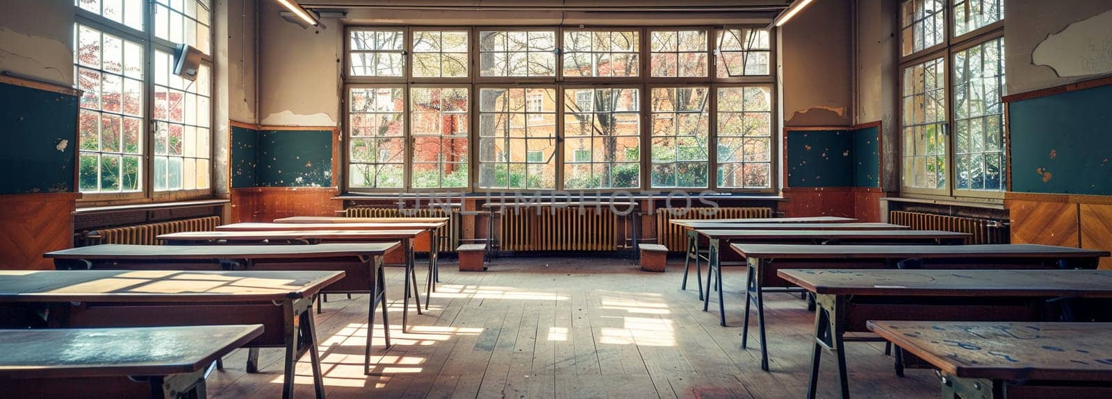 Empty vintage classroom featuring wooden desks, large windows, and sunlight casting shadows on hardwood floor.