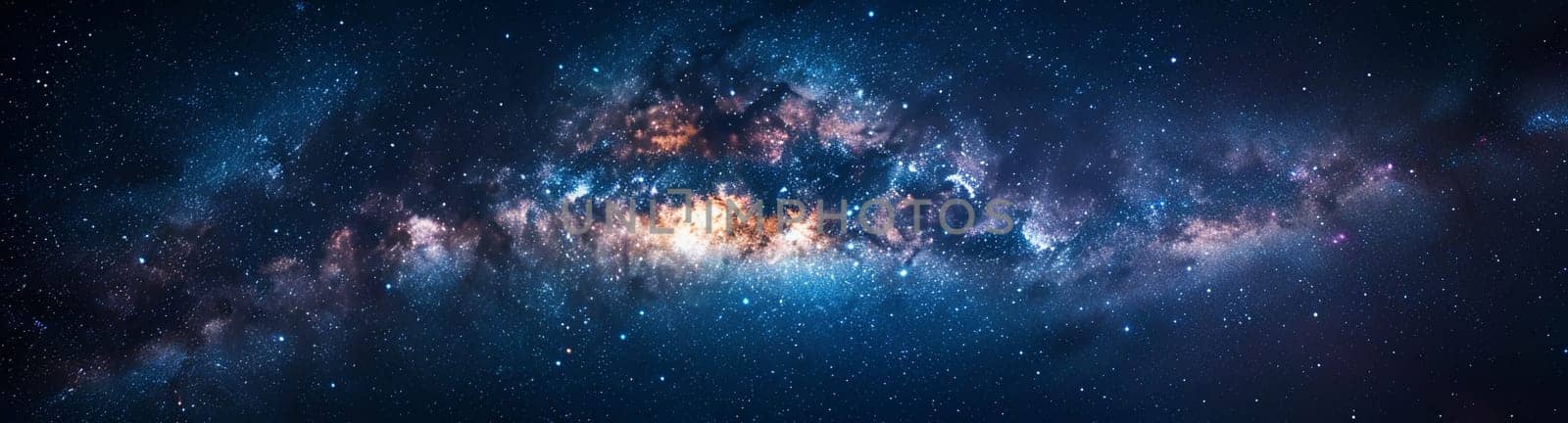 Vibrant panoramic view of a galaxy with stars, nebulae and cosmic dust, captured for graphic design use.