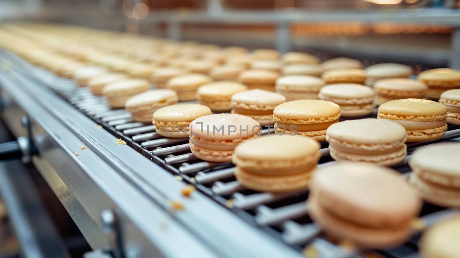 Close-up of colorful macaroons lined up on conveyor belt during food industry production process in factory