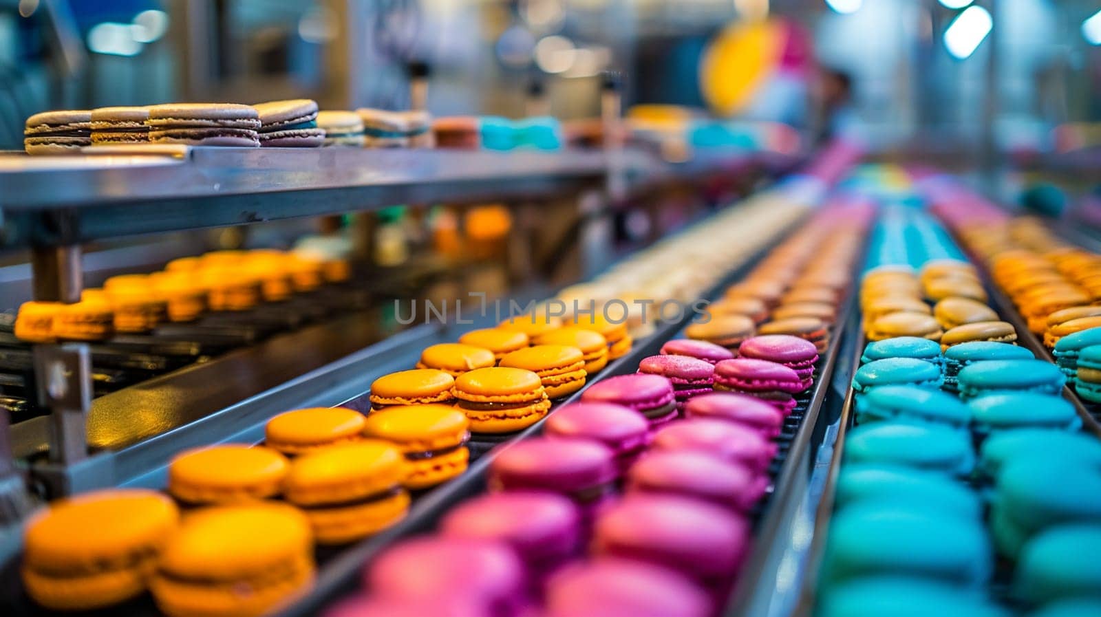 Industrial production line of vibrant macaroons automated manufacturing process, colorful dessert treats in factory setting.