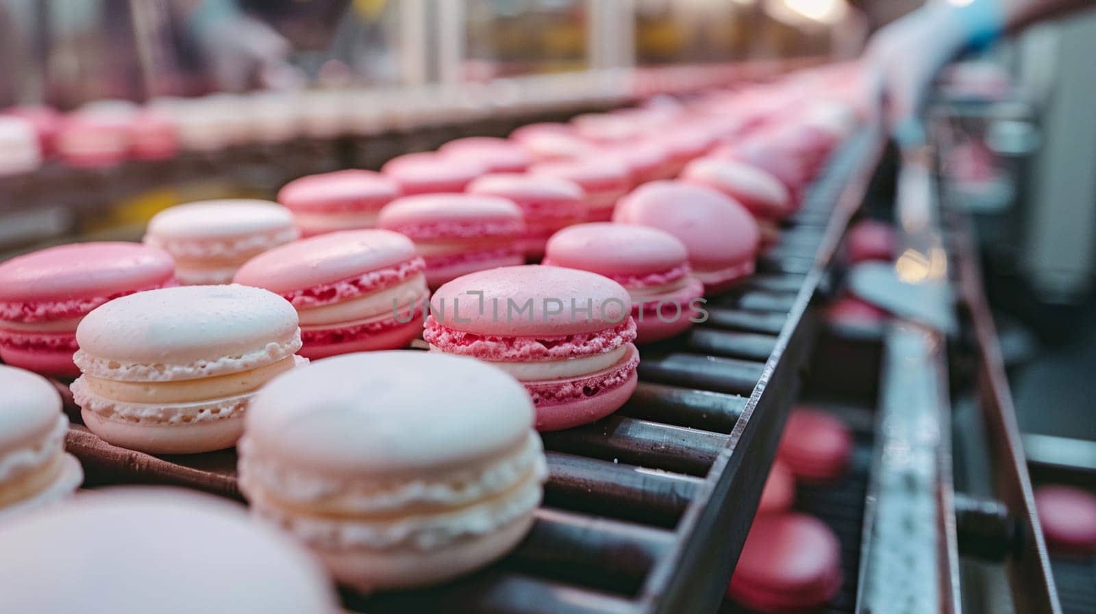 Close up of freshly made colorful macaroons moving on conveyor belt in bakery production line.