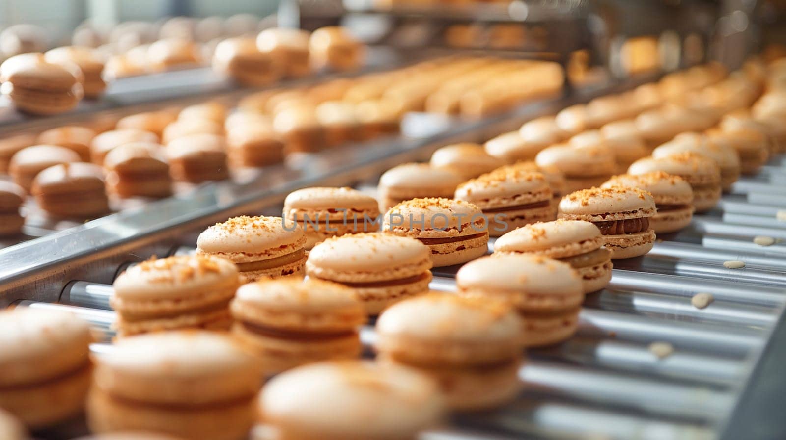 Close-up view of freshly made macaroons moving on conveyor belt in industrial dessert production setting